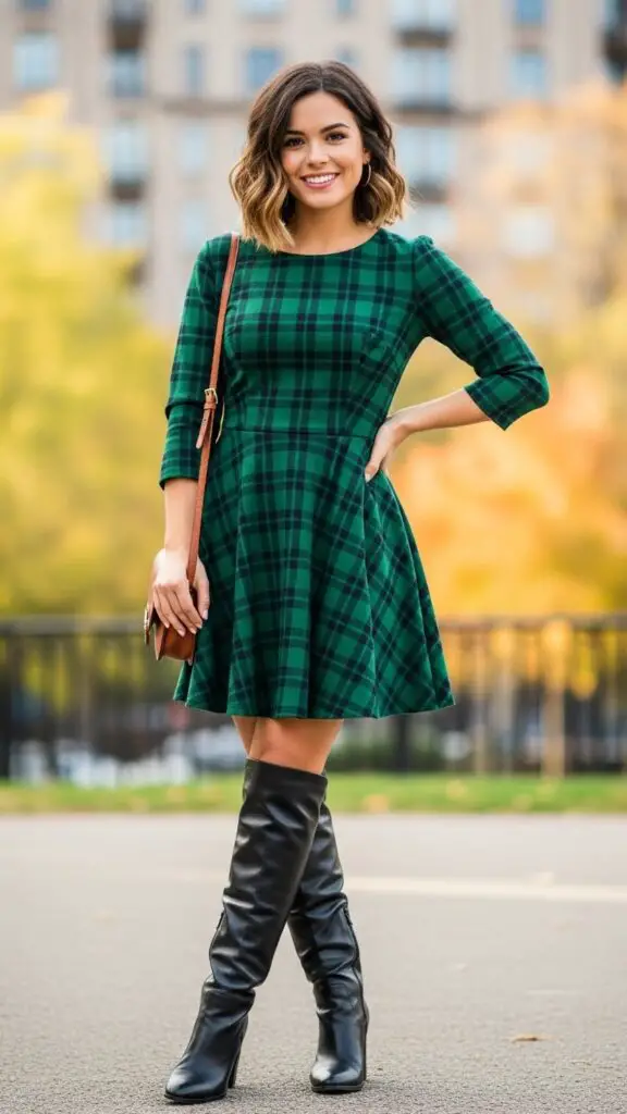 Green Plaid Dress with Knee-High Boots