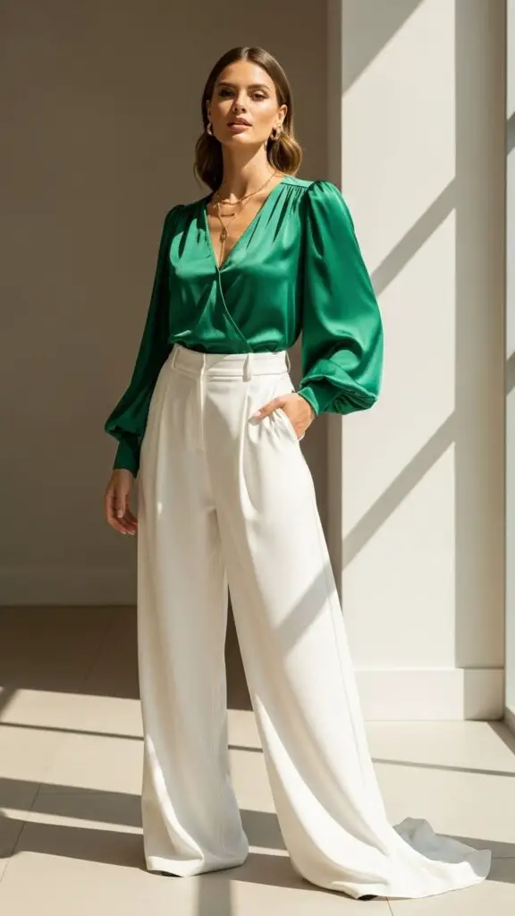 Green Satin Blouse + Wide-Leg Trousers