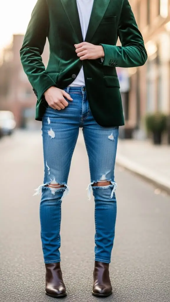 Green Velvet Blazer + Skinny Jeans