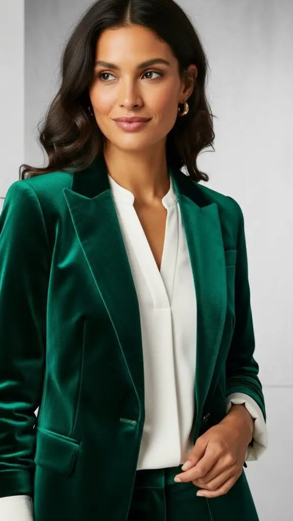 Green Velvet Blazer + White Blouse