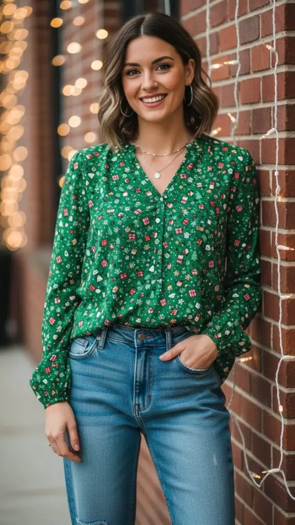Holiday Print Blouse + Boyfriend Jeans