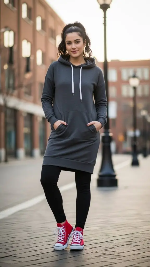 Hoodie Dress + Leggings + High-Top Sneakers