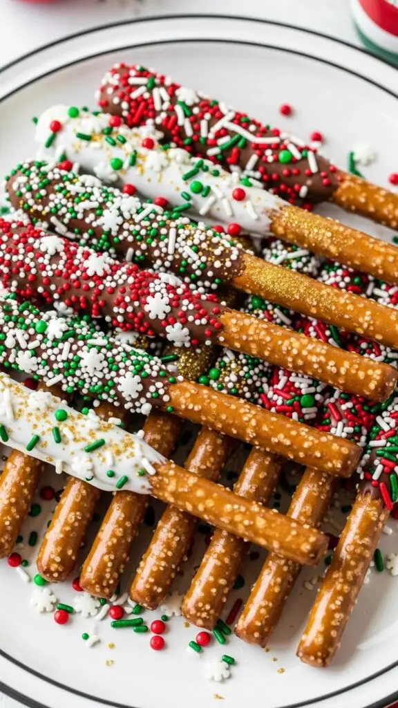 hocolate-Dipped Pretzel Rods with Holiday Sp