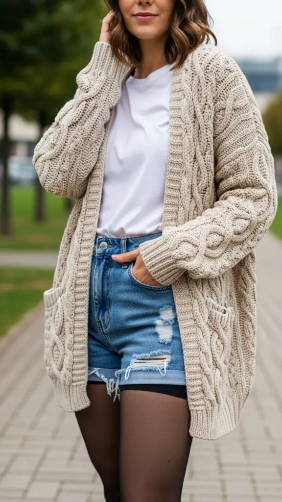 Knit Cardigan + Denim Shorts + Tights