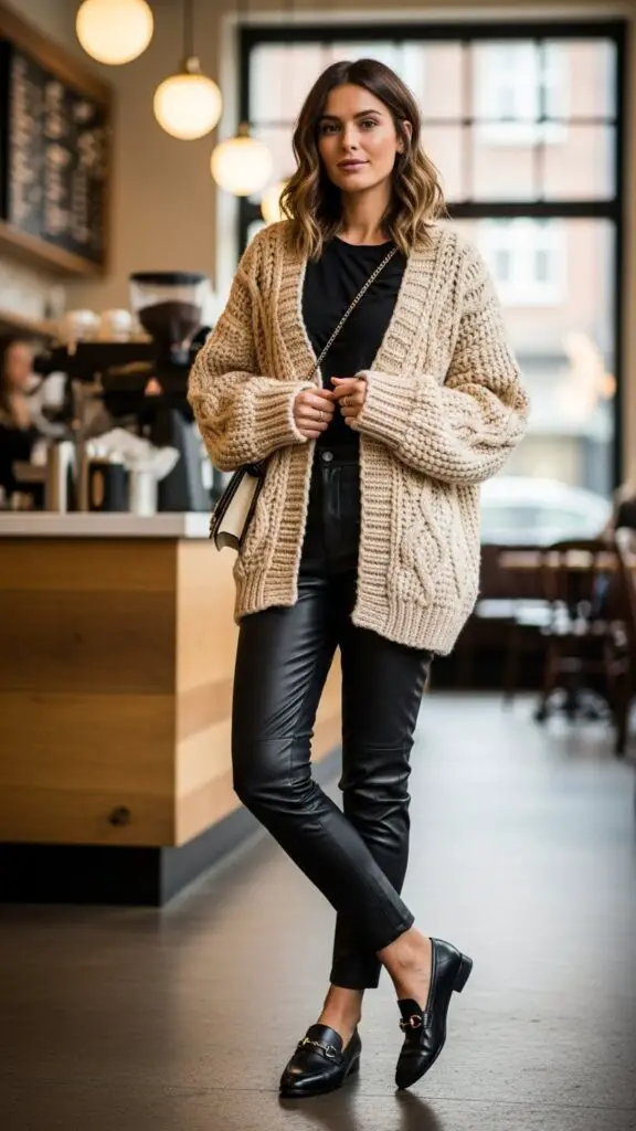 Knit Cardigan + Leather Pants + Loafers