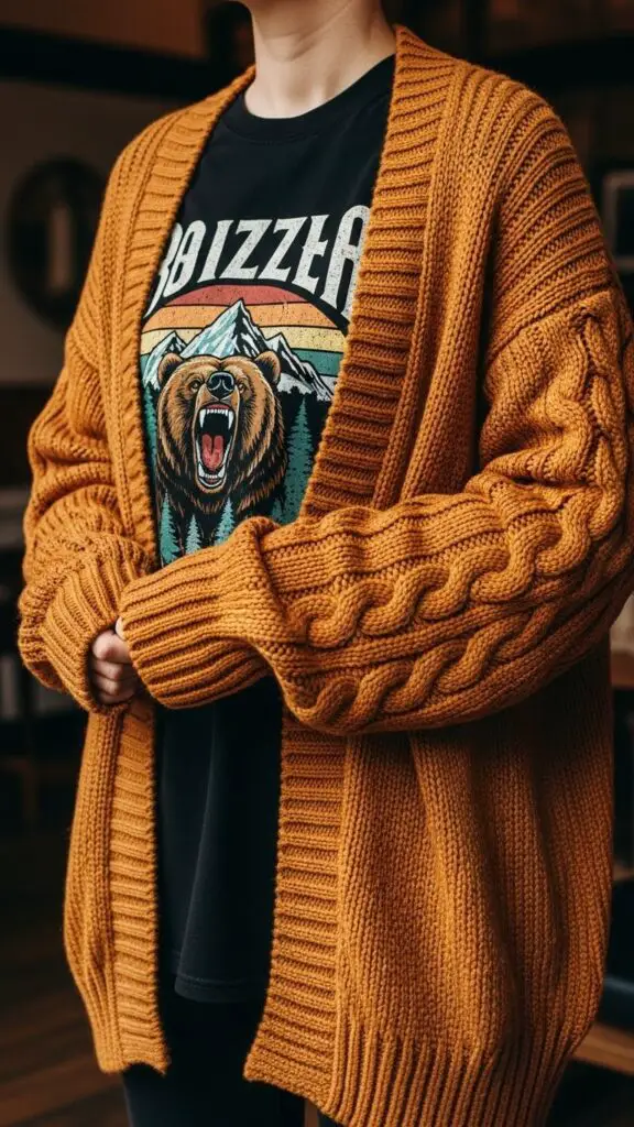 Knitted Cardigan over Graphic Tee