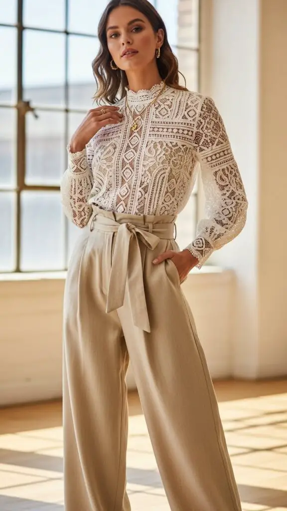 Lace Blouse + High-Waisted Trousers