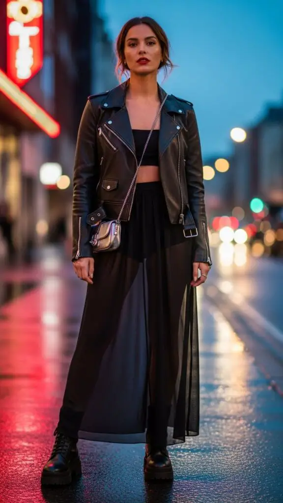 Leather Jacket + Sheer Skirt
