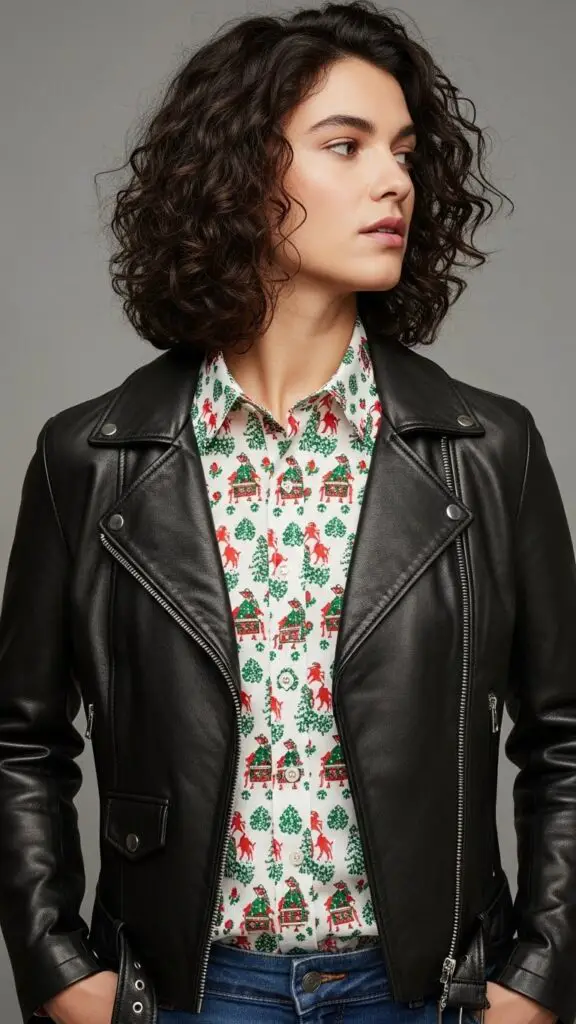 Leather Jacket with Festive Shirt
