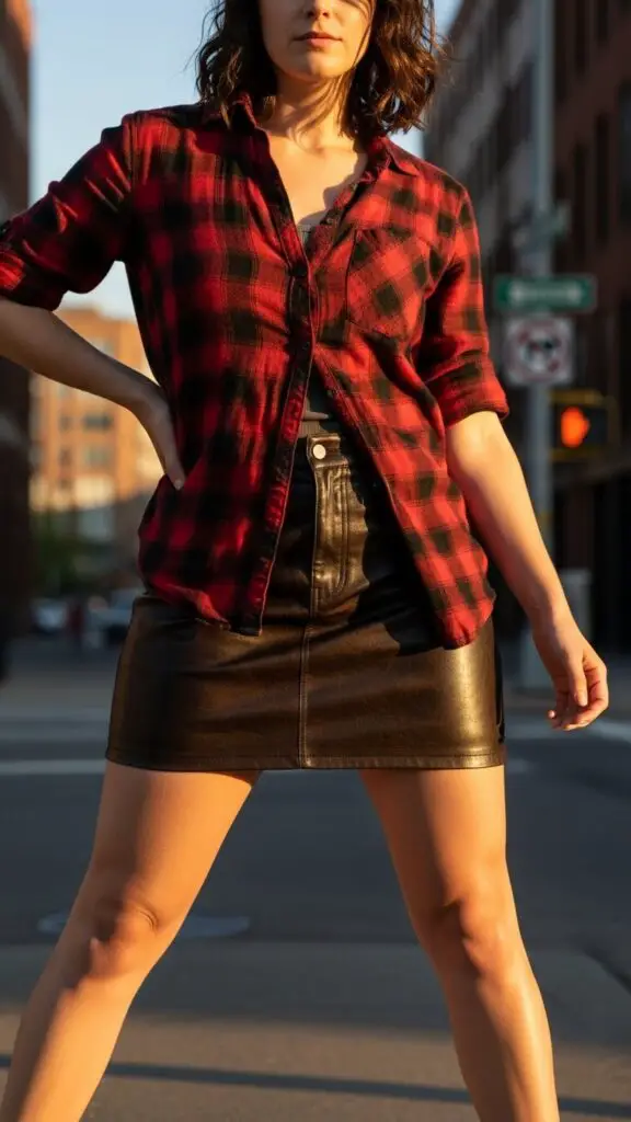 Leather Skirt + Plaid Button-Up