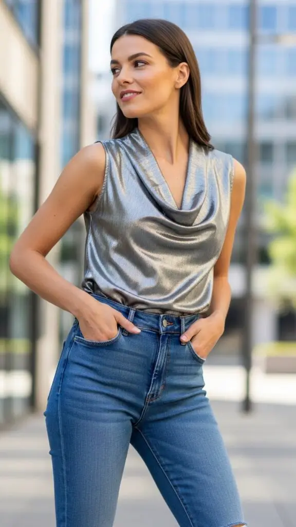 Metallic Blouse + Jeans