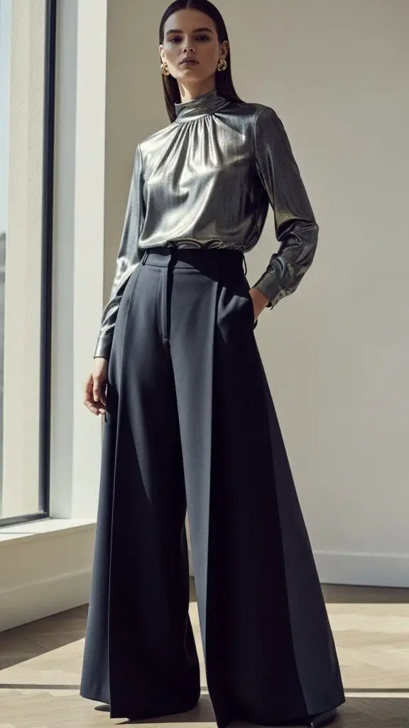 Metallic Blouse + Wide-Leg Trousers