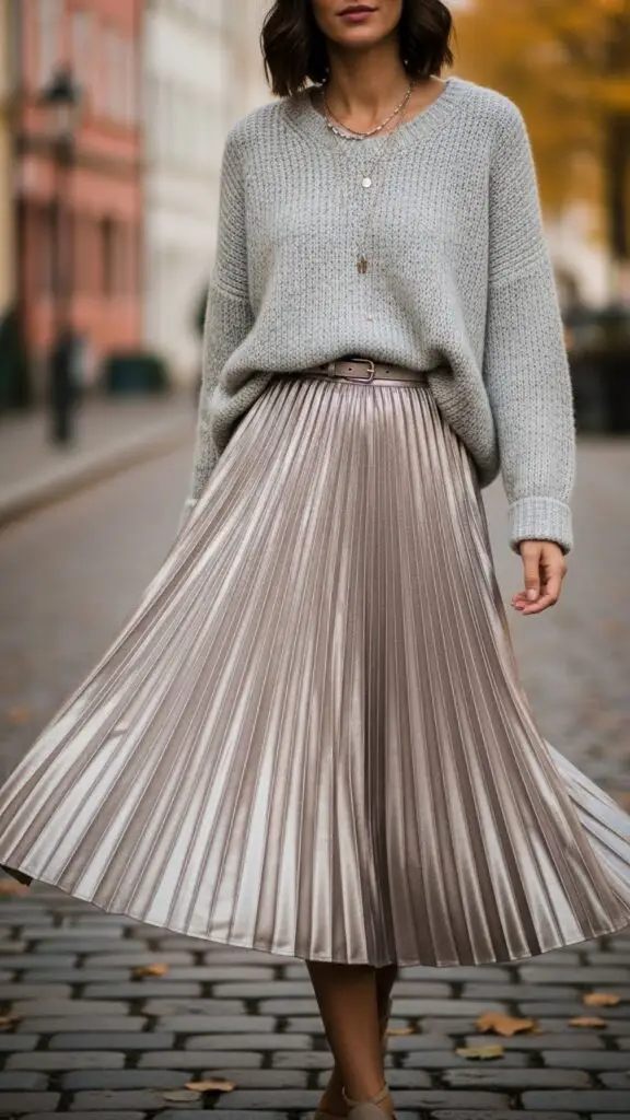 Metallic Pleated Skirt + Sweater
