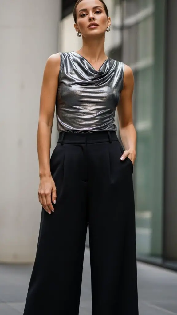 Metallic Silver Top + Black Wide-Leg Pants