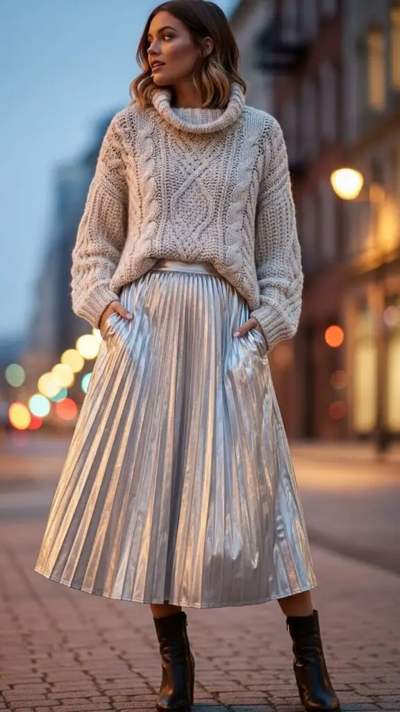 Metallic Skirt + Chunky Knit
