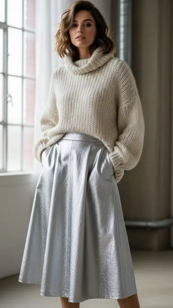 Metallic Skirt + Cozy Knit