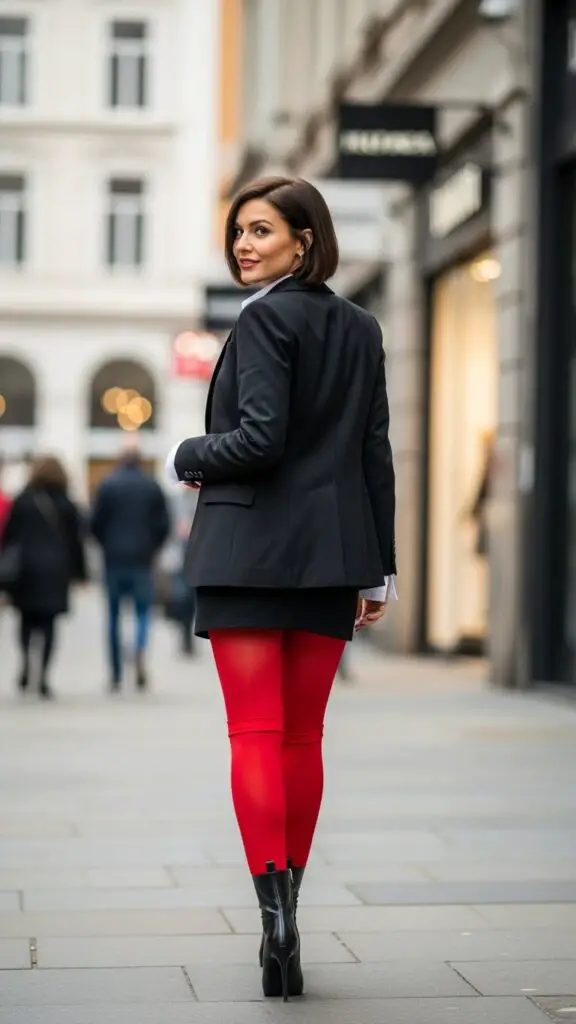 Mini Skirt + Knee-High Boots + Red Tights