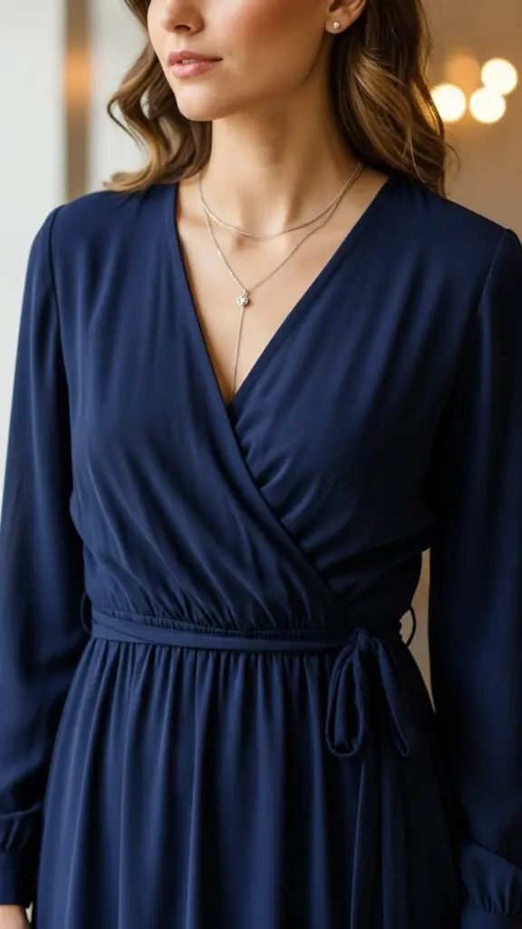Navy Blue Wrap Dress with Silver Jewelry