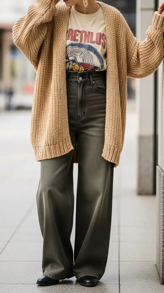 Oversized Cardigan + Graphic Tee + Wide Leg Pants