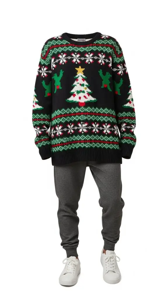 Oversized Christmas Sweater + Leather Leggings + Ankle Boots