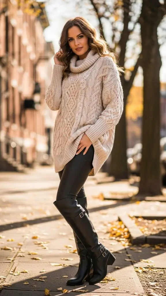 Oversized Cream Sweater + Leather Leggings + Riding Boots