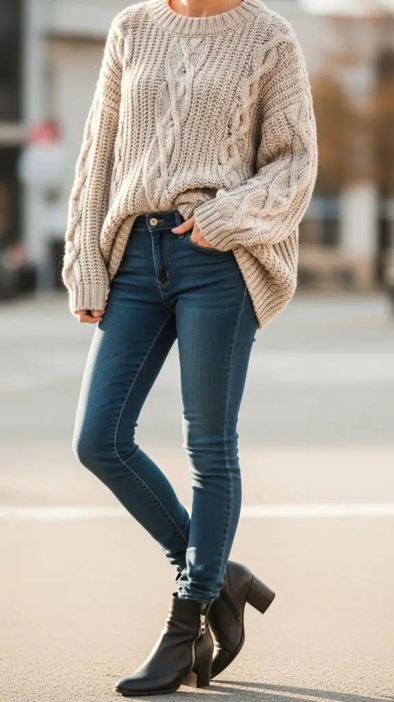 Oversized Knit Sweater + Skinny Jeans + Ankle Boots