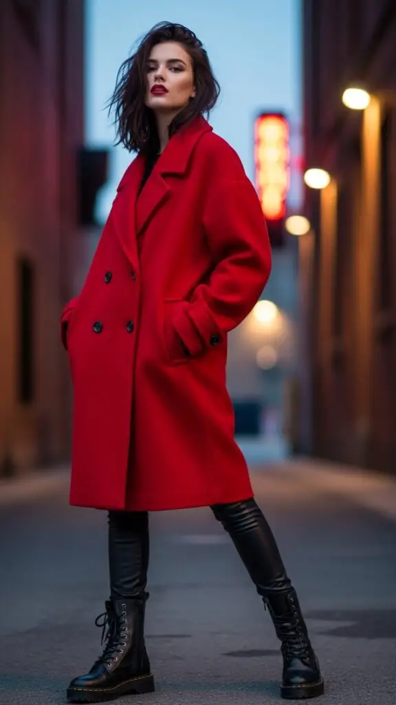Oversized Red Coat + Black Leggings + Combat Boots