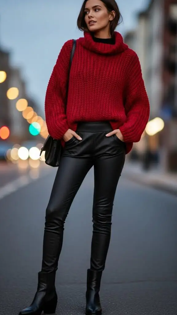 Oversized Red Sweater + Black Leggings + Ankle Boots