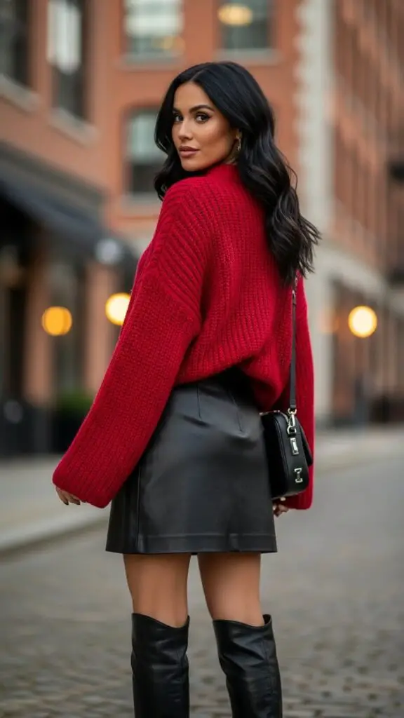 Oversized Red Sweater + Leather Mini Skirt