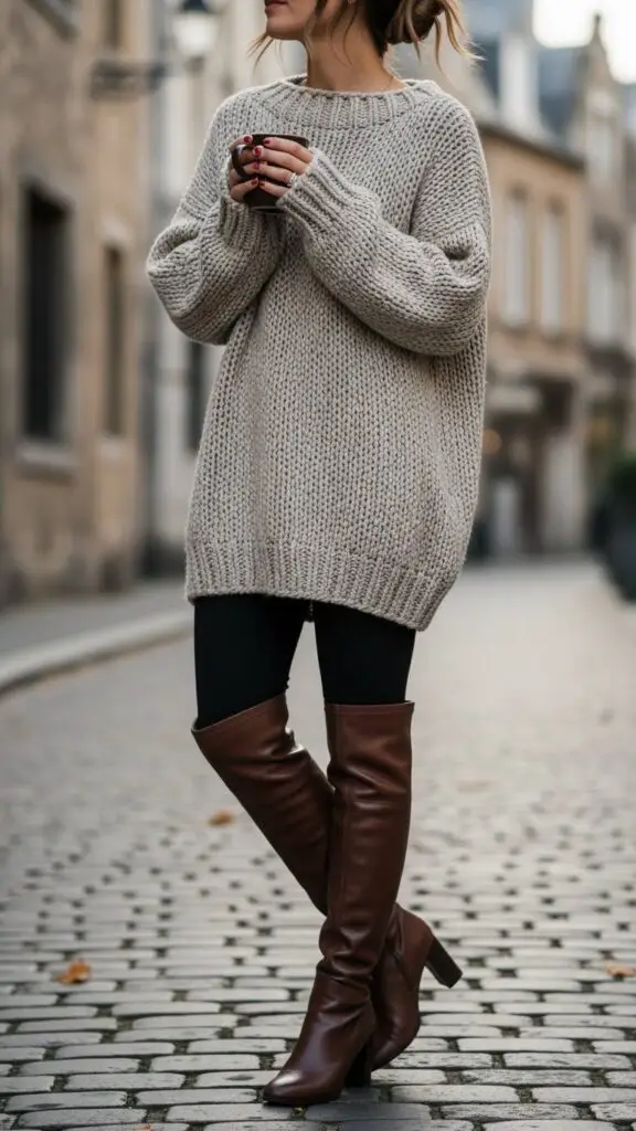 Oversized Sweater + Leggings + Knee-High Boots