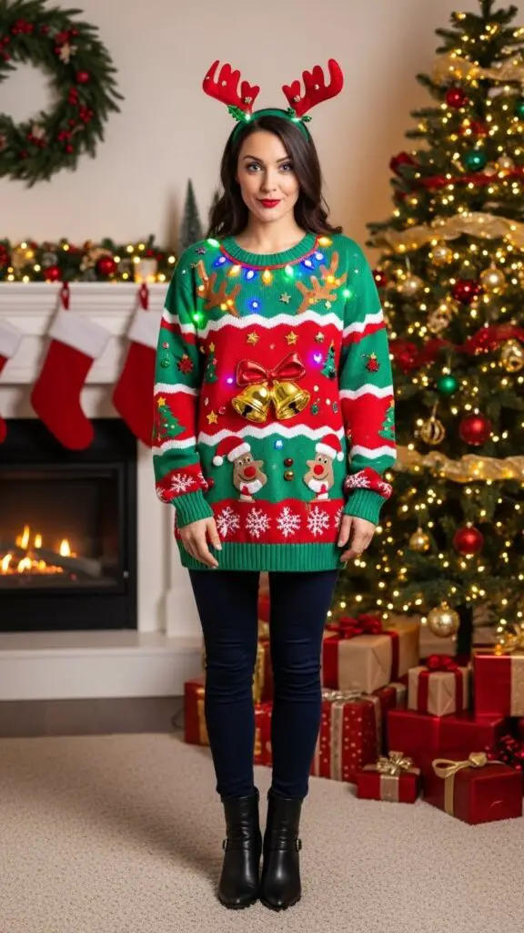 Oversized Ugly Christmas Sweater + Leggings + Ankle Boots