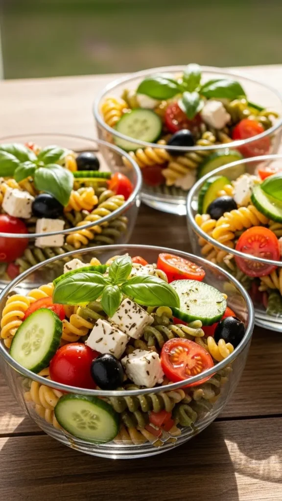 Pasta Salad in Clear Glass Bowls