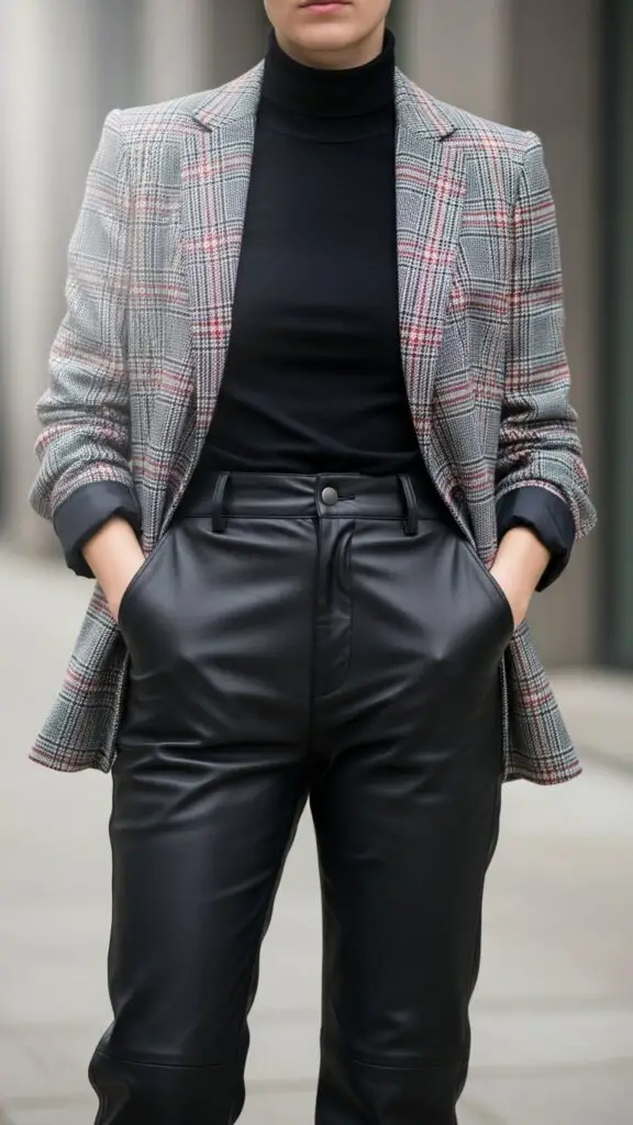 Plaid Blazer + Black Turtleneck + Leather Pants