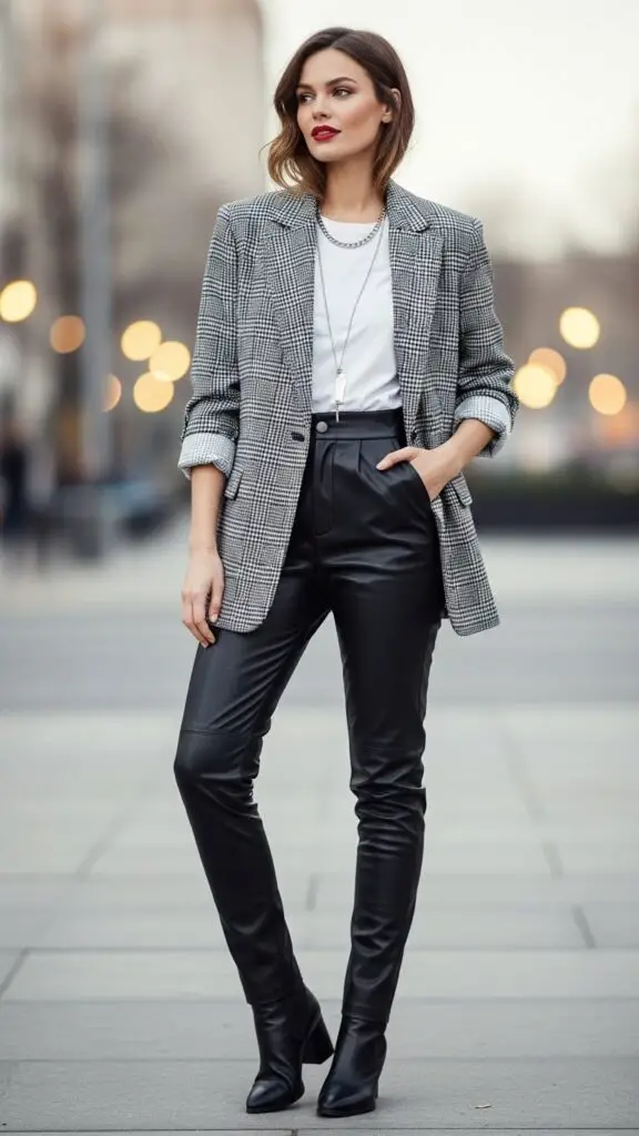 Plaid Blazer + Leather Pants