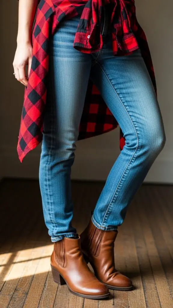 Plaid Flannel Shirt + Jeans + Ankle Boots