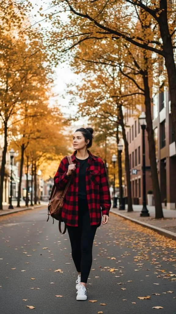 Plaid Flannel Shirt + Leggings + Sneakers