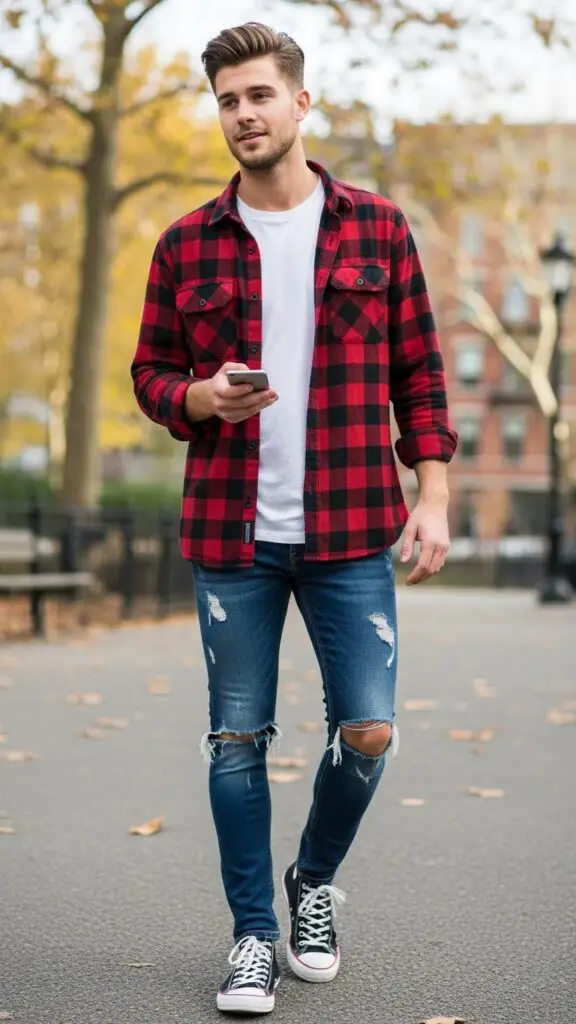 Plaid Flannel Shirt + Skinny Jeans + Sneakers