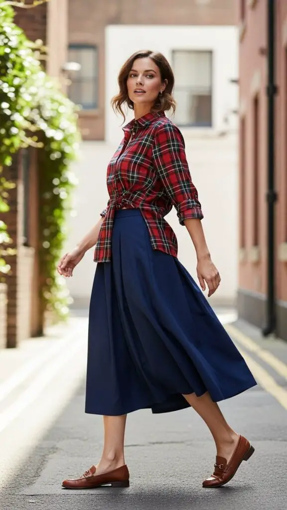 Plaid Shirt + Midi Skirt + Loafers