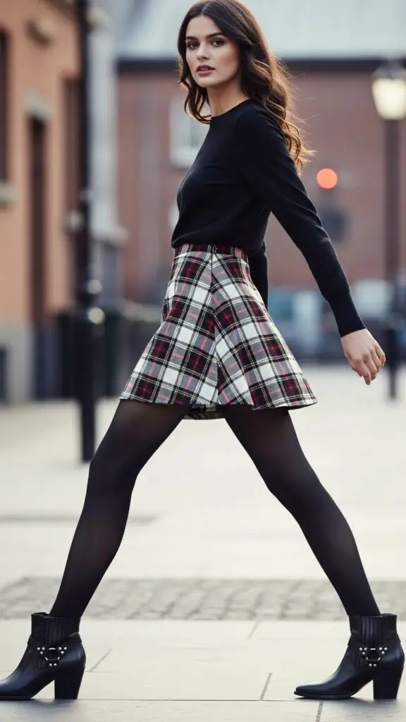 Plaid Skirt + Opaque Tights + Ankle Boots