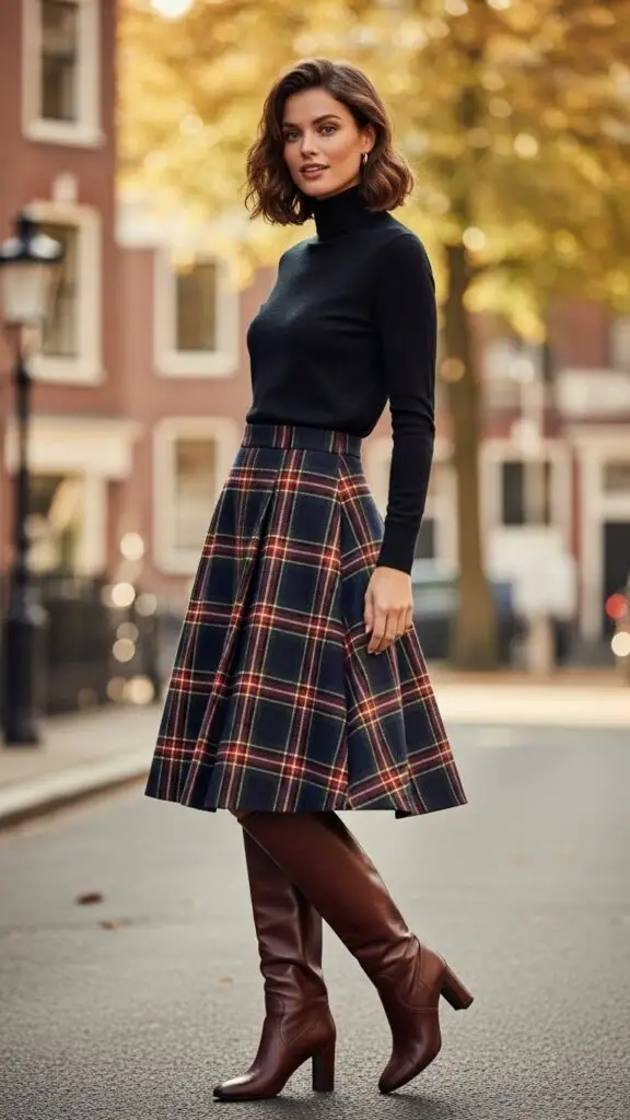 Plaid Skirt + Turtleneck + Knee-High Boots