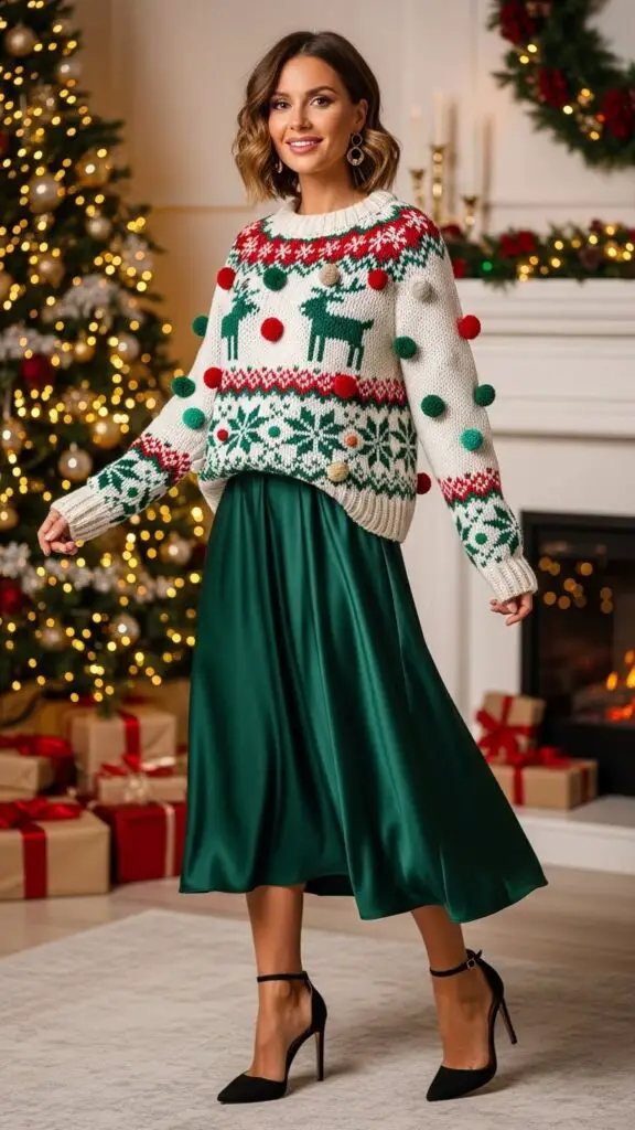 Pom-Pom Christmas Sweater Layered Over Midi Dress + Heels