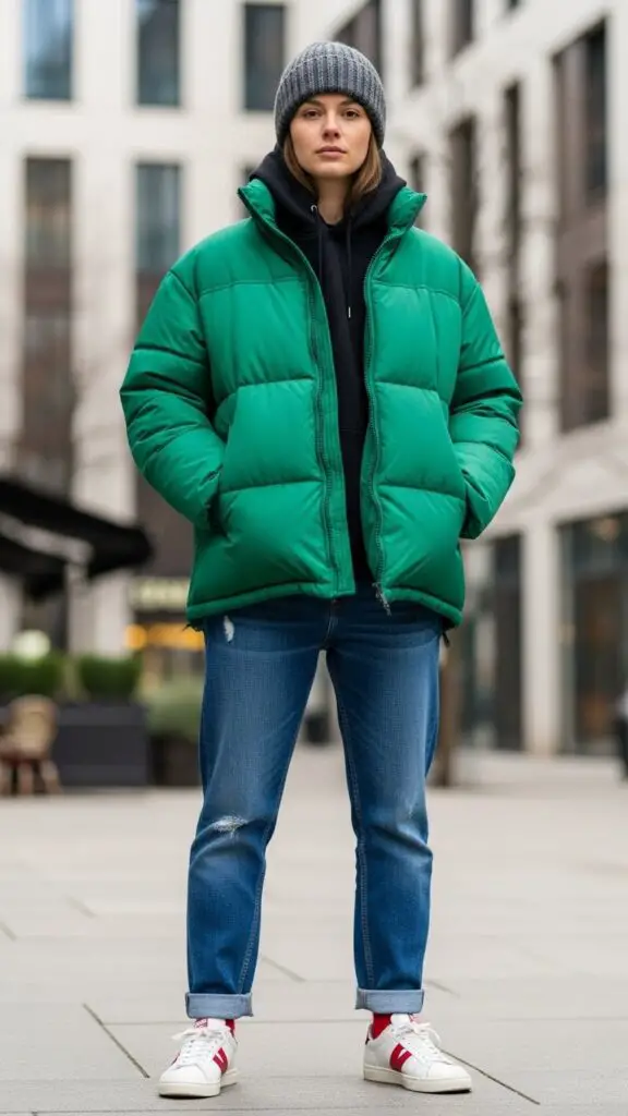 Puffer Jacket + Jeans + Beanie