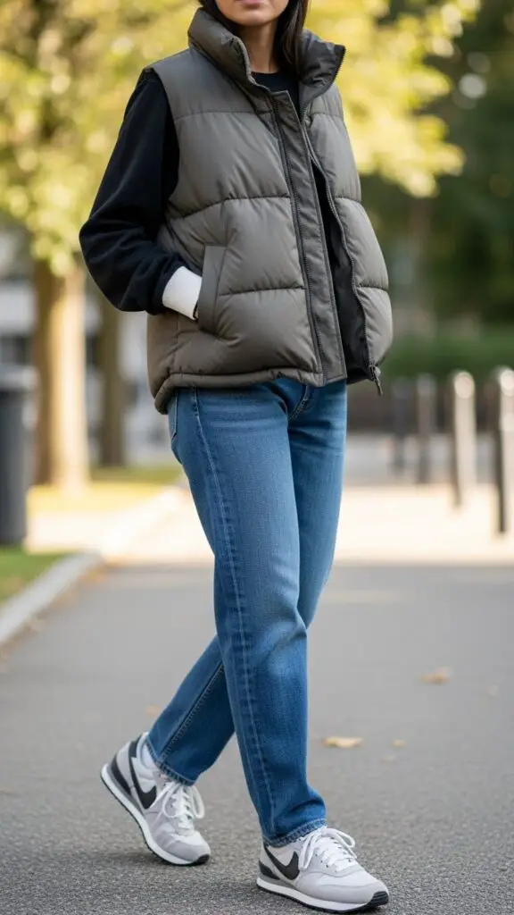 Puffer Vest + Long Sleeve Top + Jeans + Sneakers