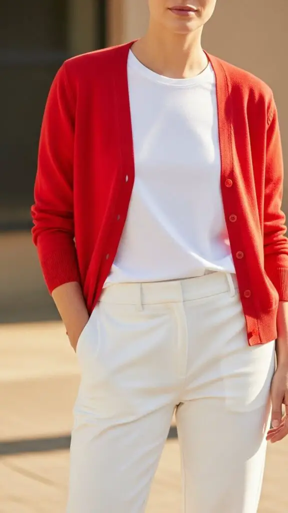 Red Cardigan over White Tee and Pants