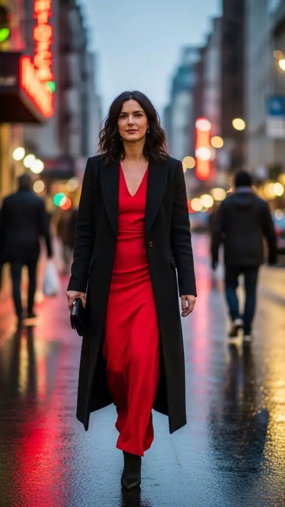 Red Dress + Long Coat