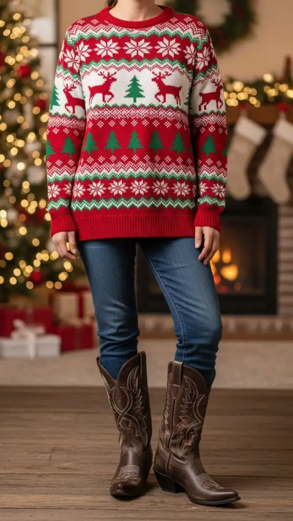Red Festive Sweater with Cowboy Boots