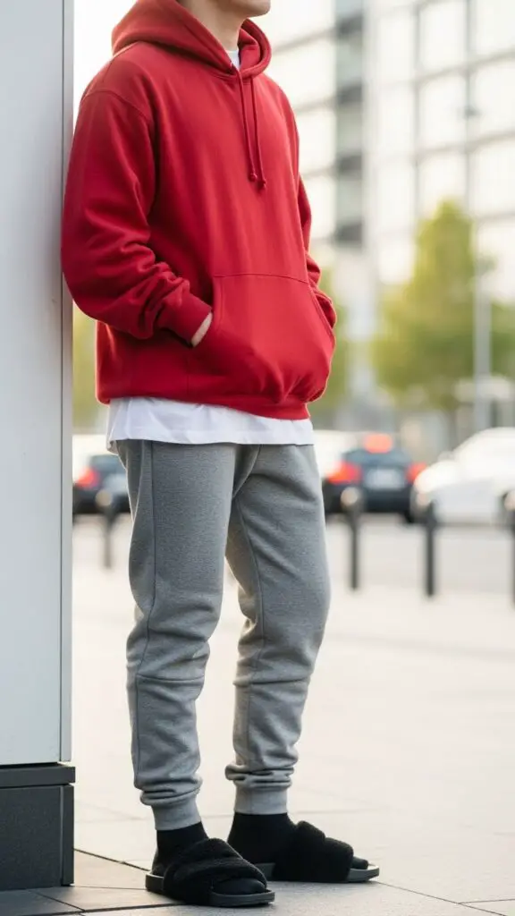 Red Hoodie + Joggers + Fuzzy Slides