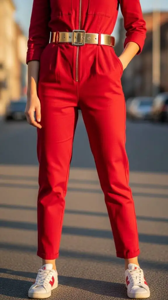 Red Jumpsuit + Gold Belt + Sneakers