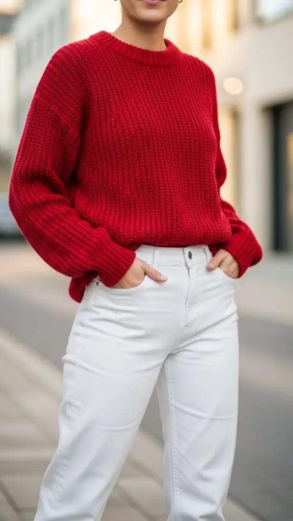 Red Knit Sweater + White Straight-Leg Jeans