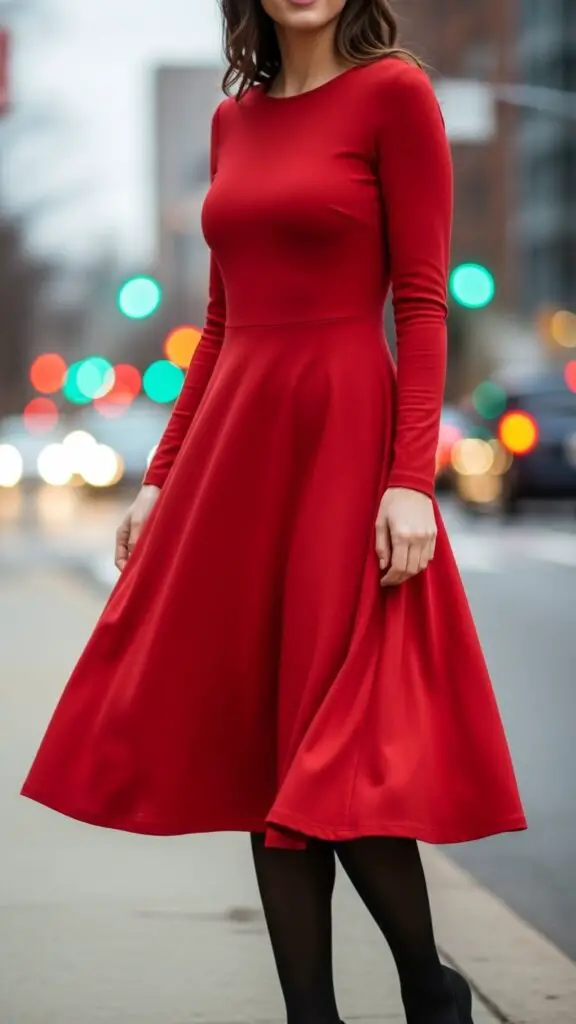 Red Midi Dress + Black Tights
